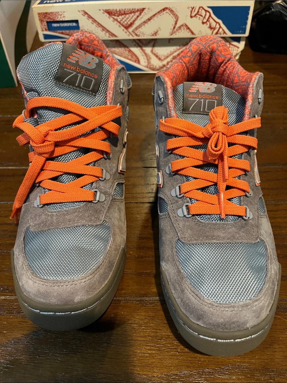 New Balance Men’s Gray Suede Sneakers with Orange Laces